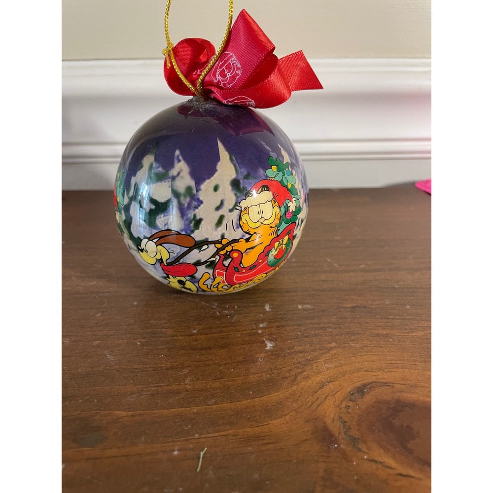 Vintage Garfield and Odie Christmas Sleigh Ball Ornament Purple 3 Inch